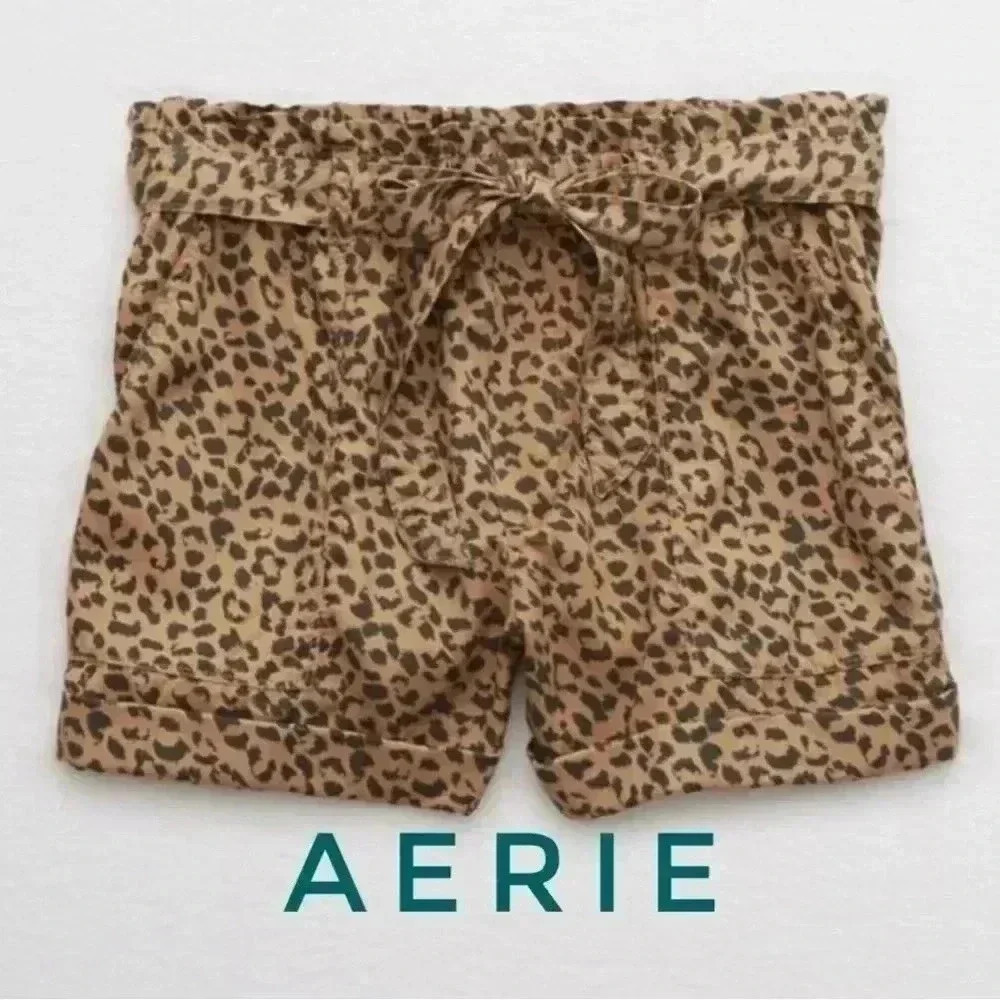 Aerie Leopard Print Camp Shorts Tie Waist Paperbag Shorts size M